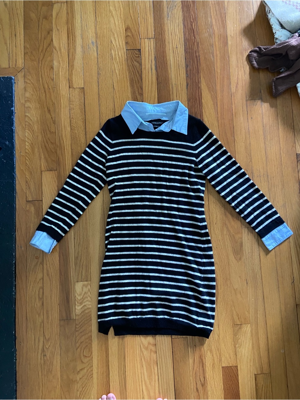 Cynthia Rowley Black and White Striped Sweater Dress with Blue Collar